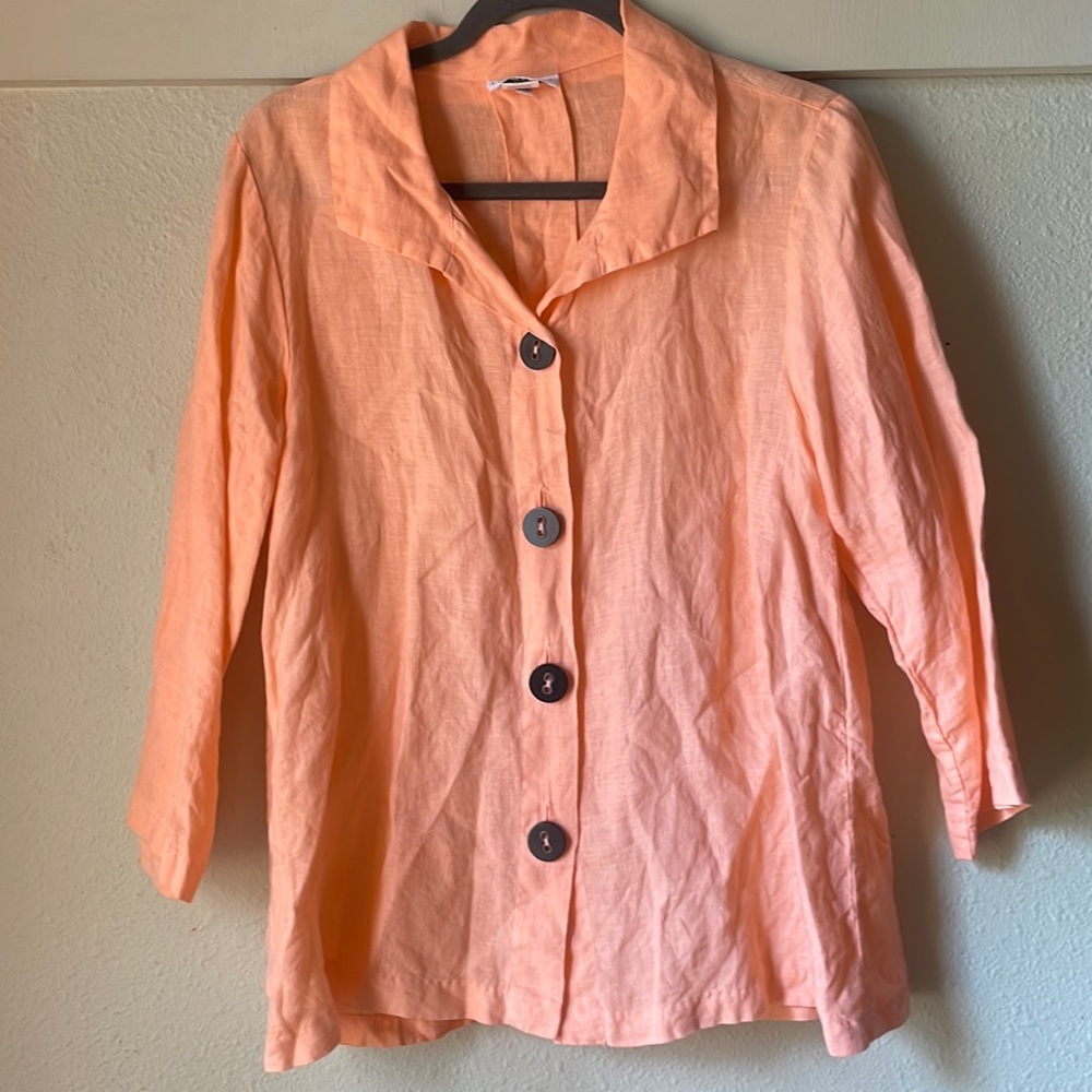 Vintage Habitat coral linen lagenlook look button down tunic blouse